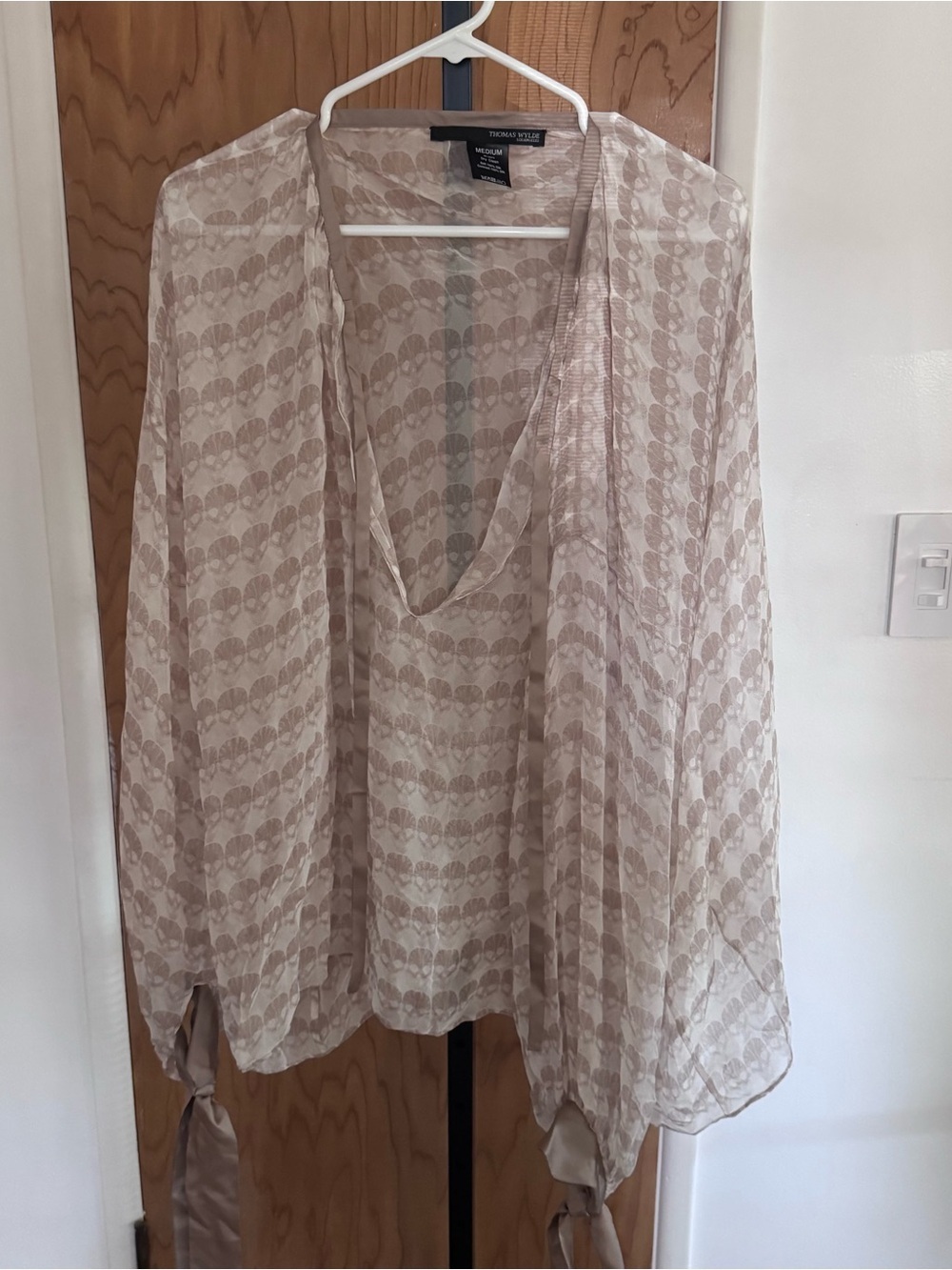 Thomas Wylde silk Cream Sheer skull Patterned V-Neck Blouse long sleeves medium